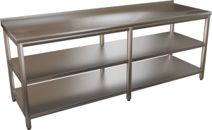KSPPD - Nerezový pracovní stůl se dvěma policemi, 6 nohou